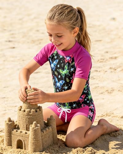 Image of AIDEAONE Girls Rash Guard Swimsuit Short Sleeve Two Piece Bathing Suit Size 3-12T