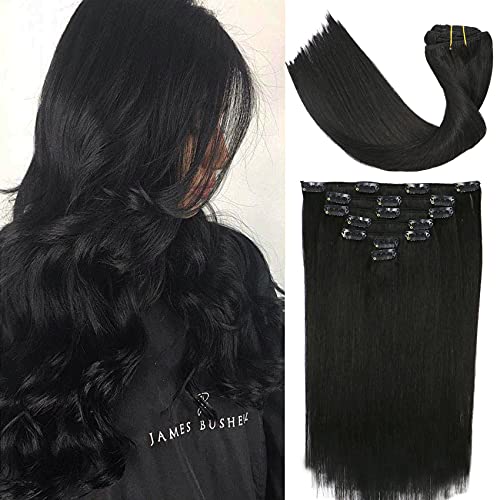 Black Clip in Human Hair Extensions Real Remy Extensions Clip on for Women Double Weft Full Head Glueless Soft Silky Straight 100% Brazilian Virgin Hair Jet Black 70g 20 Inch