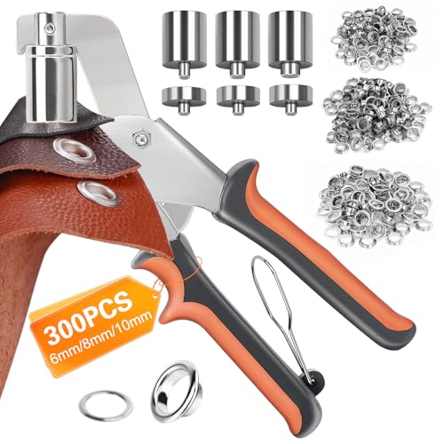 304Pcs Eyelet Punch Kit, Grommet Hole Punch Plier with 300 Pair Metal Grommet Eyelets 6mm/8mm/10mm Fabric Hole Puncher with Eyelets 3 Replacement Heads for DIY Tarpaulin Ring Leather Home Decoration