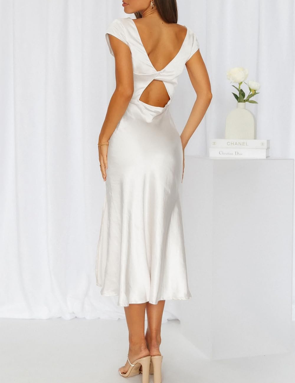Women's Summer Satin Elegance Backless Twist Cap Sleeves Midi Dress 2025 Sexy Cowl Neck Slit Cocktail Wedding Guest Dresses