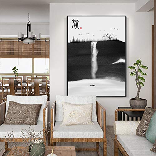 Peinture paysage zen encre noire et blanche 50x70cm pour salon moderne