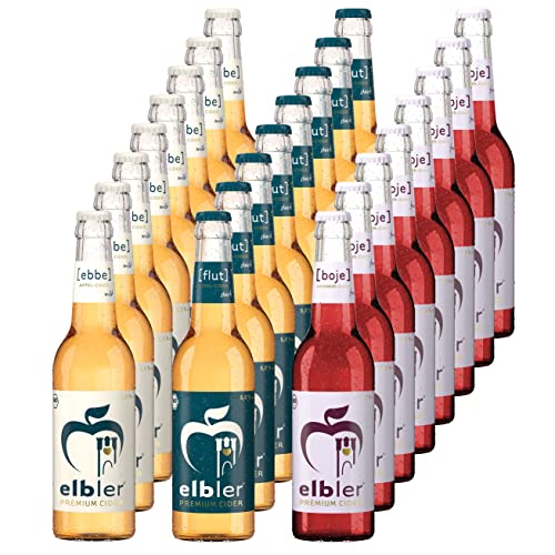 Elbler Cider, Mix 24-er Pack: 8 x Ebbe 2.5% Vol., 8 x Boje 4.0% Vol., 8 x Flut 5.0% Vol., 0,33 l, inkl. 1,92€ Pfand, Äpfel & Brombeeren, Vegan, Handgemachter Cider, 100% Bio-Obst, Kalorienarm