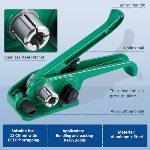 BAOSHISHAN Umreifungsset 12-19mm Manuelle Umreifungsgerät mit 200m PET Umreifungsband nur für PET Verpackungsband (Spanner, Verschließer, Umreifungsband, 100 Metallschnalle, 20 Eckschutz, Handschuhe)