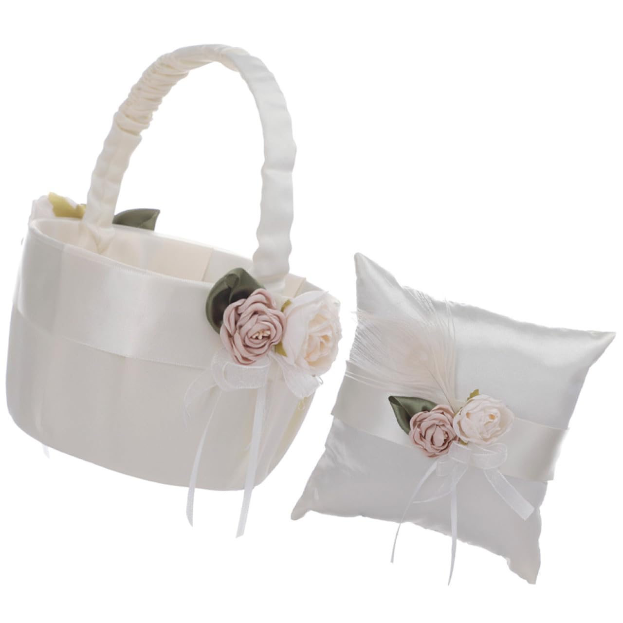 Dekoratives Ringkissen Hochzeit 1 Satz aus Satin in Weiß | Blumenkorb Form, für Verlobungsfeiern, Zarte Romantische Optik, 2 Stück