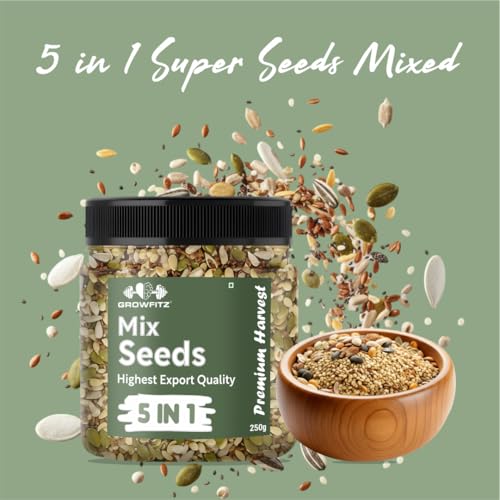 Image of Growfitz 5 -in-1 Super Seed Mix | 250g | 20.5g High Protein & Fiber | Roasted Pumpkin, Sunflower, Flax, Chia, Soy Nuts & Sesame | Healthy Snack | Export Quality Superfood