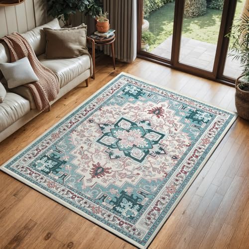Lofus 3x5 Area Rugs for Living Room, Machine Washable Area Rug, Soft Small Rugs for Bedroom, Kitchen, Office and Indoor, Vintage Boho Carpet, Non-Slip Low Pile Carpets, Light Blue
