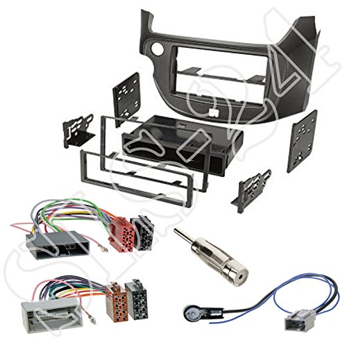 Zestaw montażowy: radio samochodowe podwójne DIN 2-DIN zaślepka radia mocowanie z półką antracyt metaliczny + ISO kabel przyłączeniowy radio adapter + adapter antenowy do Honda Jazz 2009 -2013