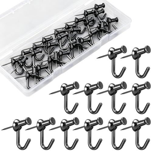 Image of Hotop 30 Pieces Pin Hooks Push Pin Hangers, 20 lbs Push Hanger, Picture Hanging Nails for Home Office Fabric Wall Wooden(Modern Style,Black)