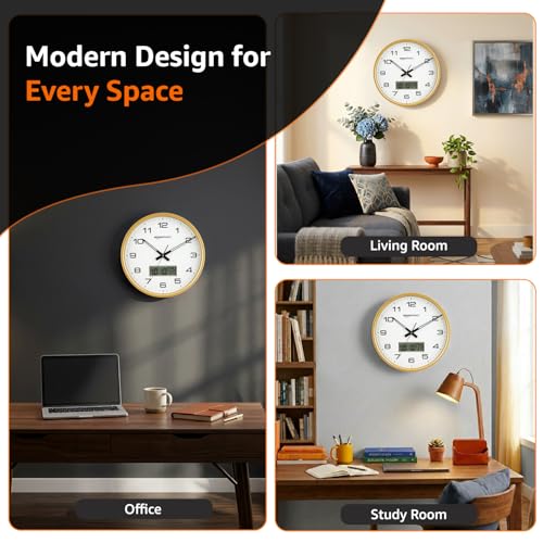 Image of Amazon Basics 12.5 Inch Large Analog Digital Wall Clock with LCD Display | Day Date Month Temperature | Silent Sweep Quartz Movement | Clear Bold Numbers | Dual Battery Operated (White)