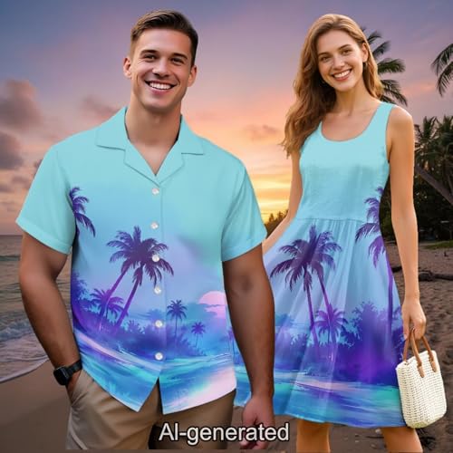 Image of Dreaweet Summer Dresses for Women A-Line Sleeveless Flowy Sun Dresses,Men's Casual Button-Down Shirts,Couple Matching Outfits