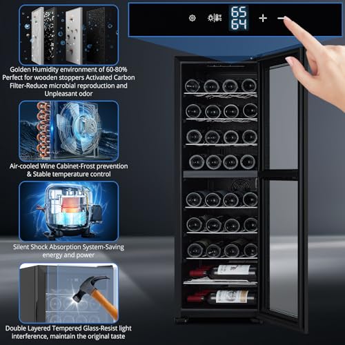 39 Bottle Wine Cooler, Mini wine fridge/Cabinet, Beverage Refrigerator, Digital Temperature Control, Freestanding Dual Zone, Tempered Glass Door, Quiet refrigerator for bedroom Home Kitchen Office