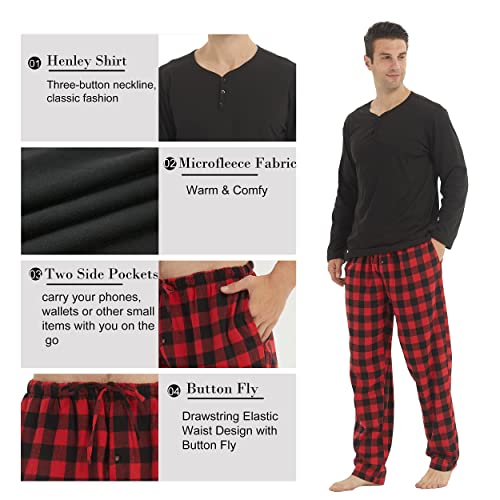 YUSHOW Mens Pajama Set Long Sleeve Henley Neck Button Top Plaid Pants Soft Warm Loungewear Sleepwear Set4