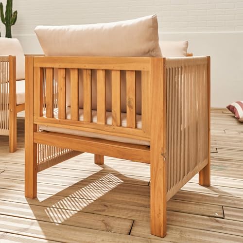 Salotto Da Giardino In Legno E Corda A 4 Posti, Beige - 5