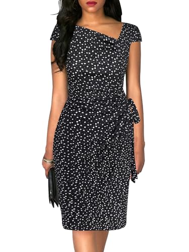 Image of Women's Vintage Cap Sleeves Asymmetrical Neckline Sheath Bodycon Casual Work Cocktail Party Pencil Faux Wrap Dresses