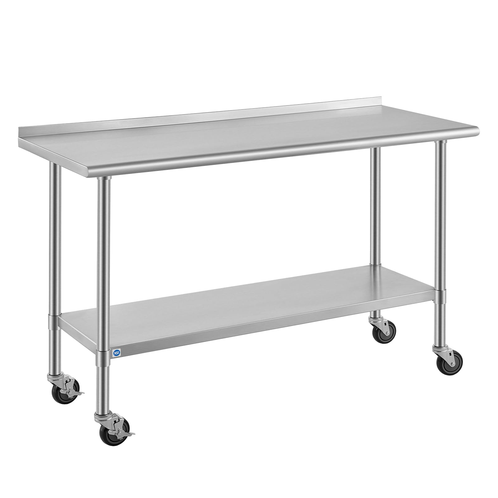 ROCKPOINT All Stainless Steel Prep Table with Caster &amp; Backsplash 24x60 Inch，Commercial Heavy Duty Workbench with Stainless Legs &amp; Adjustable Undershelf,850 lb Capacity for Outdoor Kitchens with Wheel