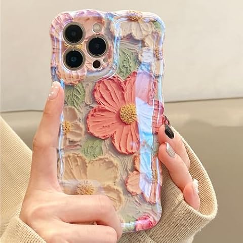 UEEBAI Case for iPhone 15 Pro Max 6.7 inch, Colorful Retro Oil Painting Flower Case Pretty Glossy Pattern Wave Case Cute Sparkly Floral Curly Cover Stylish Soft Case for Women and Girl - Orange Yellow Cover