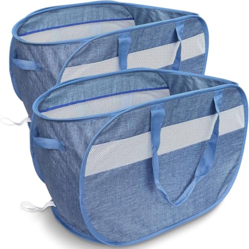 Image of 100L Mesh Pop Up Laundry Hampers with Handles, Extra Large Collapsible Laundry Baskets 2 Pack, Portable Travel Laundry Basket, Dirty Clothes Hamper Light Breathable, Bule. 2H