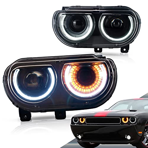 VLAND Projector Headlights Compatible with Dodge Challenger 2008-2014 w/Sequential Indicator Halo D2S/ D2H Bulb (Not Included) for HI/LO Beam Passenger& Driver Sides