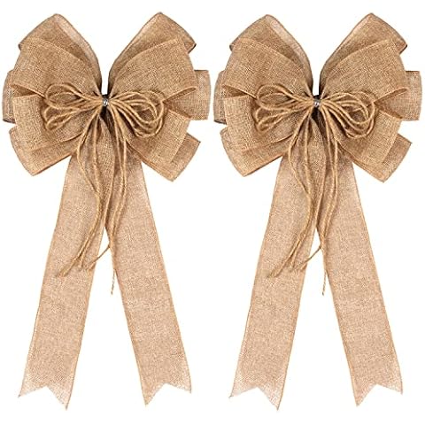 2 Pack Large Burlap Jute Hemp Rope Bows for Wreaths,Rustic Farmhouse Crafts Bow for Gift Wrapping Tree Topper Wedding Holiday Birthday Party Wall Home Front Door Decorations Cover