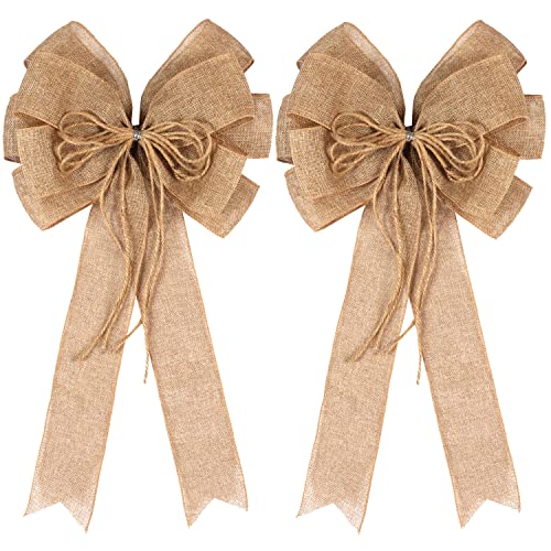2 Pack Large Burlap Jute Hemp Rope Bows for Wreaths,Rustic Farmhouse Crafts Bow Wrapping Tree Topper Wedding Holiday Birthday Party Wall Home Boho Front Door Decorations