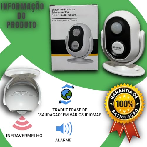 Sensor De Presença Movimento Segurança Infravermelho Externo e Interno Com Aviso Sonoro Em 11 Idioma