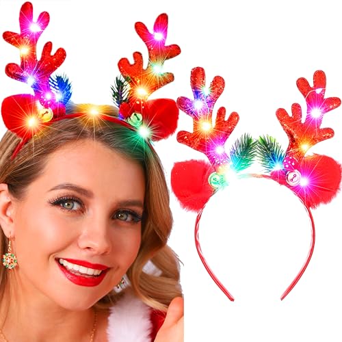 Fashband Christmas Headbands Light Up Deer Antlers Headband LED Glitter Reindeer Antlers Xmas Headpiece Holiday Hair Accessories for Women(Red)