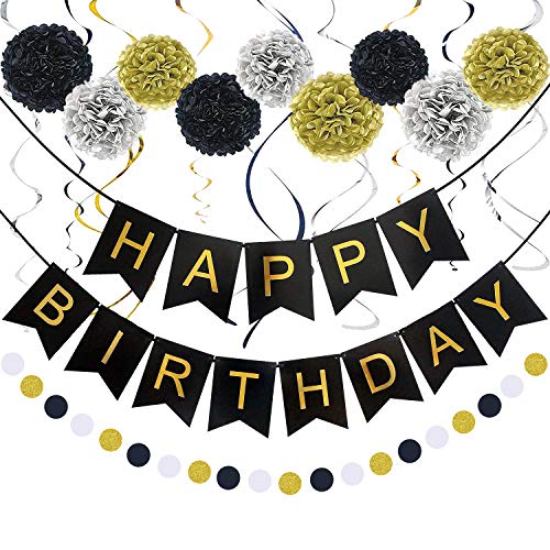 Birthday Decorations Black and Gold Birthday Decorations for Men - Happy Birthday Banner, Pom Poms Flowers, Paper Dot Garland, Hanging Swirl for Boys or All Birthday Decoration