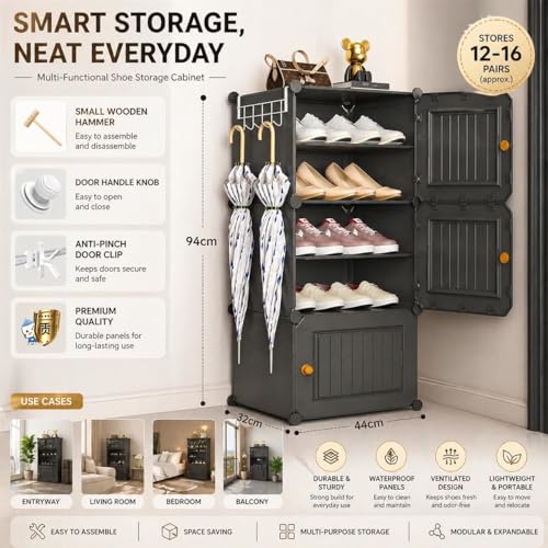 Image of Sunderlook Shoe Rack Plastic for Home- Shoe Stand, Chappal Stand, Professional Multipurpose Foldable Standing Comfort Runner Shoe Rack with Door, Slipper Stand (Grey, 6 Shelf 3 Door)