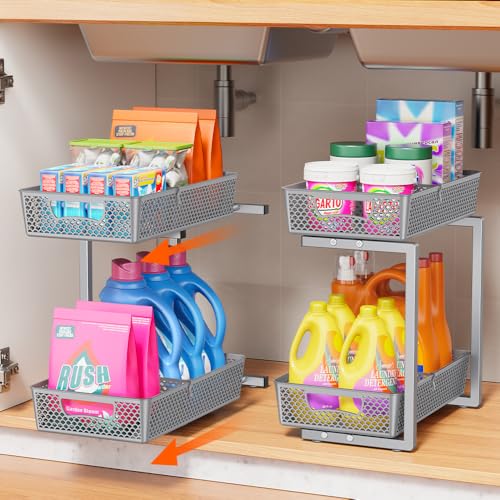Sotfamily 2 Tier Under Sink Organizer, 2 Pack Grey