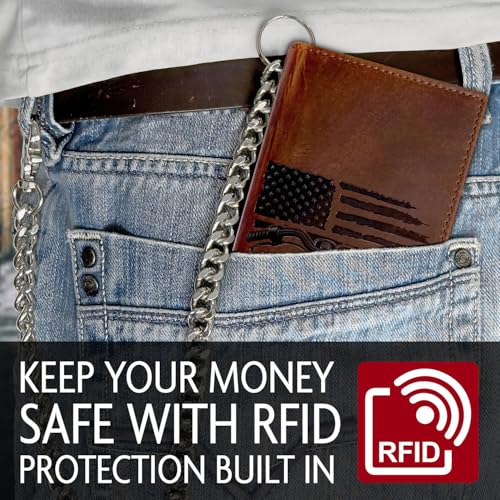 Patriotic Biker Tall Wallet with Chain for Men - Distressed Brown Leather Wallet w/ 10 Card Slots – 100% Leather motorcycle wallet - Mens Chain Wallet. Gift wallet for Biker3