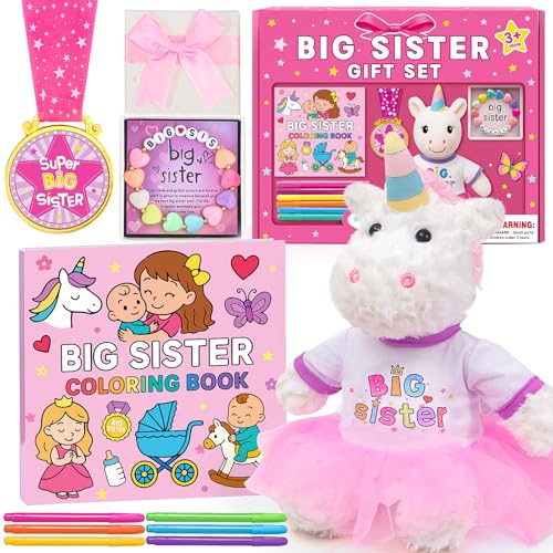 HAPGFS Juego de regalo para hermana mayor para niñas – Unicornio de peluche con traje de hermana mayor, libro para colorear, medalla y pulsera para niñas de 3 a 8 años de nuevo bebé, promovido a