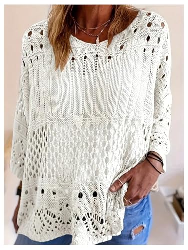 SHENHE Women's Plus Size Tunic Sweater Hollow Out 3/4 Sleeve Sheer Knit Sweaters Pullover3