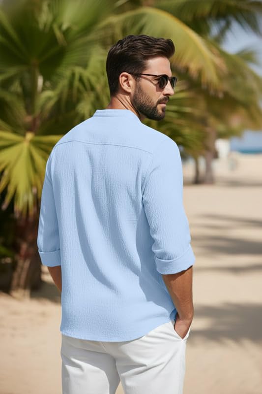Image of Men's Cotton Blend Short Kurta with Collared Neck Full Sleeves Solid Pattern Western Style Regular Fit and Standard Length