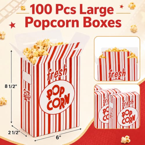 Image of Fasmov 100 Pack Large Paper Popcorn Boxes, 6 inch L x 2 1 /2 inchW x 8 1 /2 inchH Close Top Movie Theater Popcorn Boxes, Popcorn Containers for Movie Party and Theater Night (Red and White Stripes)