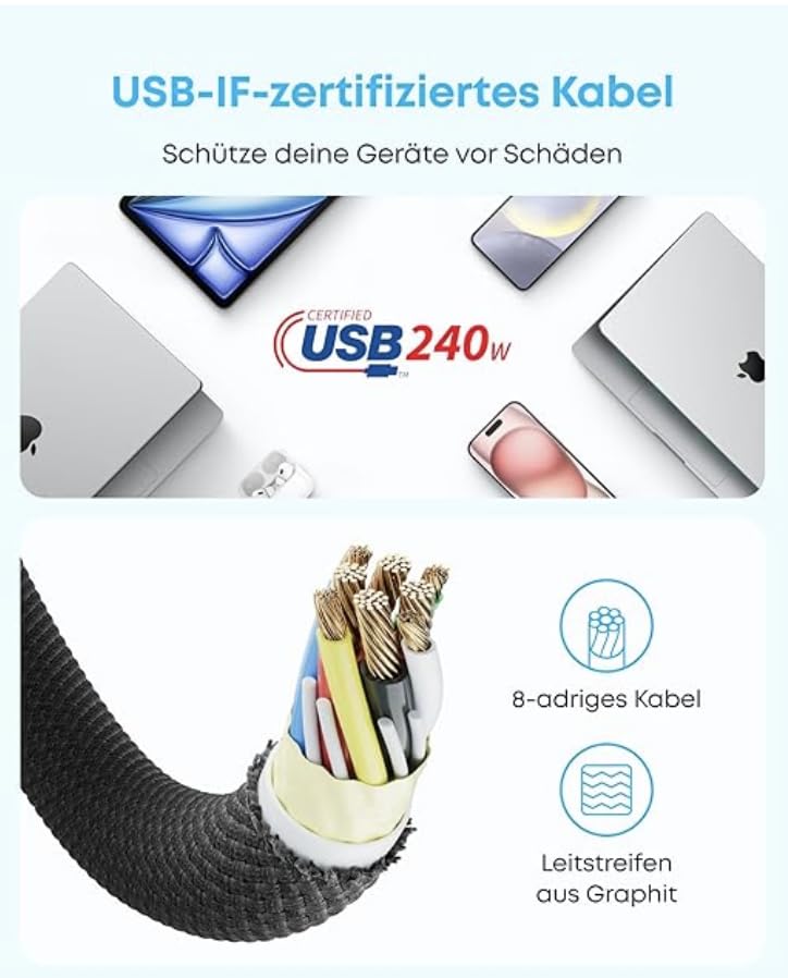 Image of Anker Zolo USB C to USB C Cable 240W, Fast Charge (2-Pack, Black) | Braided Dustproof Slim Connector for iPhone 17 16 Pro Max, MacBook /iPad /Galaxy S24 (2 x 6ft Cables)