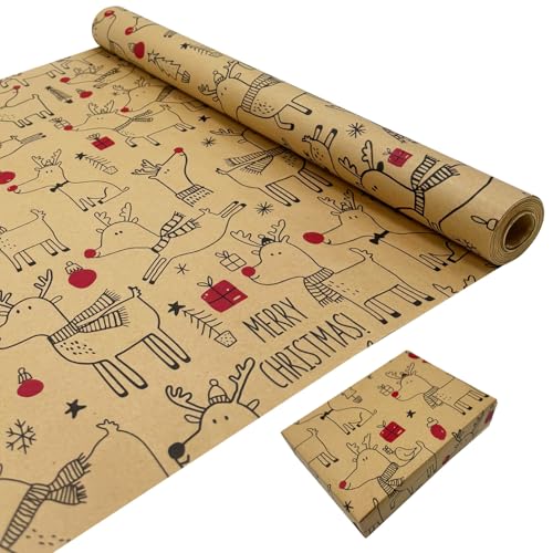 Papel de regalo navideño para envolver regalos: rollo de papel de regalo Kraft impreso con patrón festivo Reno 43cm x 15M Papel de regalo reciclable