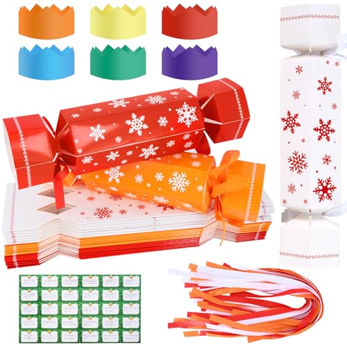 DARENYI 30 Pack Make Your Own Christmas Crackers DIY Christmas Crackers Bulk Xmas Candy Paper Boxes with Hats Riddle Cards (Snowflake)