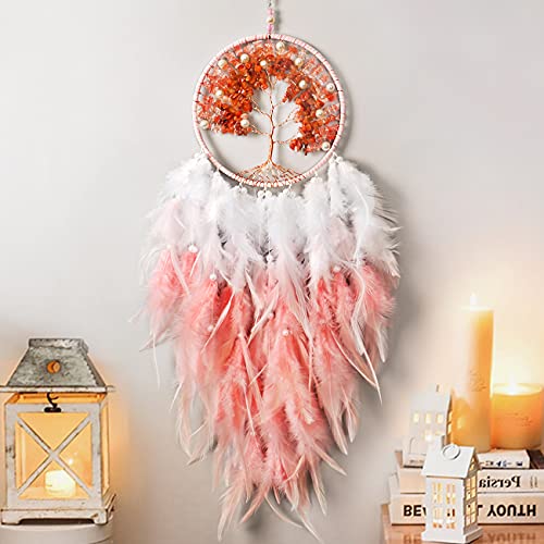 Weldomcor Attrape RêVes à Suspendre Au Mur Attrape RêVes en Cristal Fait à la Main Arbre de Vie Circulaire Avec Plumes DéCoration D'IntéRieur Traditionnelle BohèMe DéCoration Artisanale (Rose) Cover