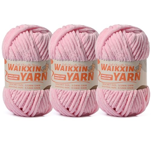 Image of (3 Pink) 3 Pack Super Soft Fuzzy Chenille Chunky Yarn for Crocheting, 300g (261yds) Velvet Fluffy Amigurumi Yarn for Hand Knitting Baby Blankets Weaving Craft