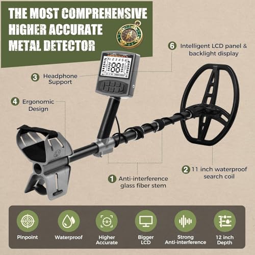 Image of Metal Detector for Adults,Professional Higher Accuracy Metal Detector Kit with 12 inch IP68 Waterproof Search Coil with LCD Backlight,5 Modes,Gold Detector for Beach Hunting