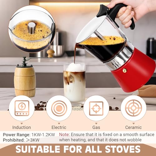 Image of Induction Moka Pot, 9 Cups (15.9 oz) Crystal Glass-Top & Stainless Steel Moka Pot, Classic Stovetop Espresso Maker, Red