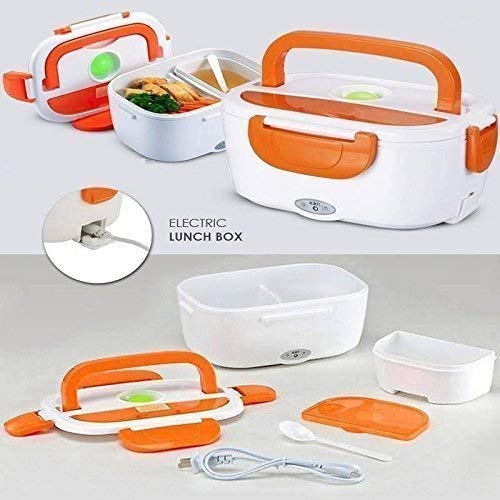 Image of Portable Electric Food Warmer Lunch Box in White and Orange with compartments and Heating Indicators for Convenient hot Meals on the go.