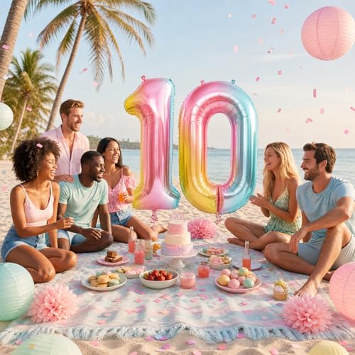 Image of Rainbow Number Balloons Birthday Balloons - Giant Number 10 Balloon 40 inch, Numbers Balloon Birthday Decorations, Rainbow Party Supplies for Baby Shower