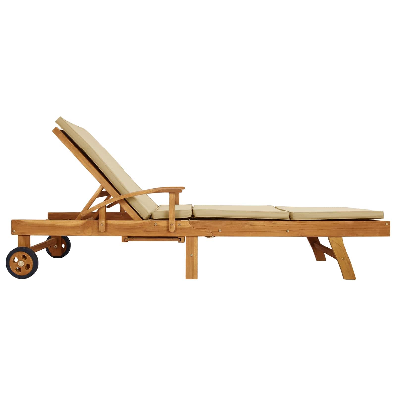 Lettino prendisole in teak massiccio con imbottitura 100% poliestere, regolabile e pieghevole, include tavolo laterale allungabile, ruote e braccioli per giardino, terrazza