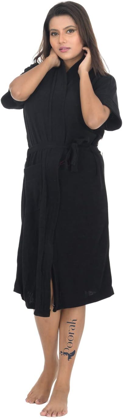 Pugnaa Summer Catalog Solid Black Color Half Sleeves Soft Terry Cotton Bathrobe for Women - Free Size Upto 42 Inches Bust Size