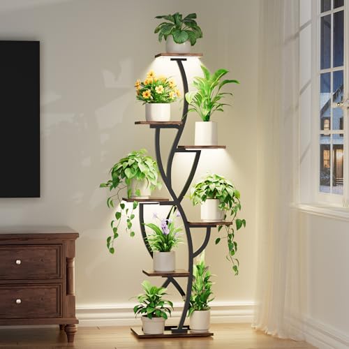Image of Plant Stand Indoor with Grow Lights - 7 Tiered Tall Lighted Plant Shelf | 58 inch Corner Flower Stand for Indoor Multiple Plants, Metal Plant Holder Display Rack for Living Room, House, Patio, Black