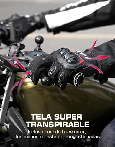 Guantes KEMIMOTO para motocicleta mostrando material transpirable para mayor comodidad