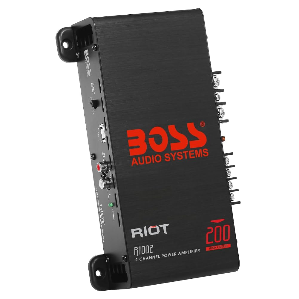 KIT SET amplificatore PER BOSS AUDIO SYSTEMS RIOT R1002 1 amplificatore stereofonico 2 canali, full-range, 200 watt max, classe a/b, per auto, 1 pezzo + cavo high level e fusibile omaggio