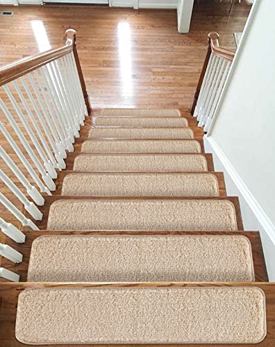emmahome New Shiny Pile Carpet Stair Treads NON-SLIP MACHINE WASHABLE Mats/Rugs, 20mm Thickness, Indoor 22x67cm, (Beige, 13)
