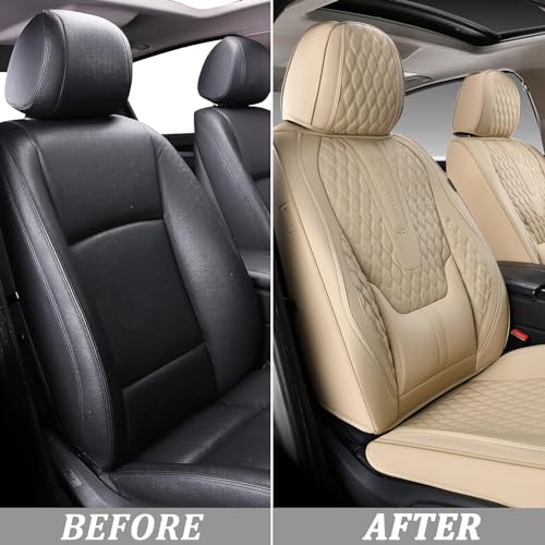 Image of Coverado Front Seat Covers, Car Seat Covers Front Seats, Nappa Leather Seat Covers for Cars, Waterproof Seat Covers with Lumbar Support Universal Fit for Most Cars SUV Trucks (Front, Beige)